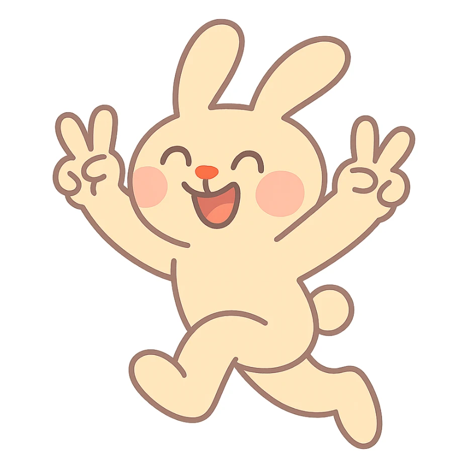 beige bunny jumping and making peace signs, pastel toon style, soft colors sticker
