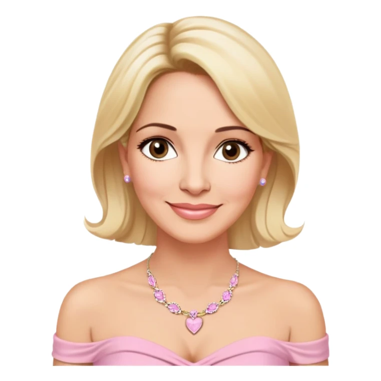 Linette Torres, 50-something Puerto Rican actress with fair complexion, kind-hearted expression, bright caring eyes, soft smile, blonde hair, wearing a light pink strapless top that sits below her shoulders and a simple elegant necklace sticker
