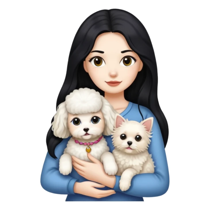 Lady with long black hair, holding 2 animals -a Ragdoll cat and a small poodle dog sticker