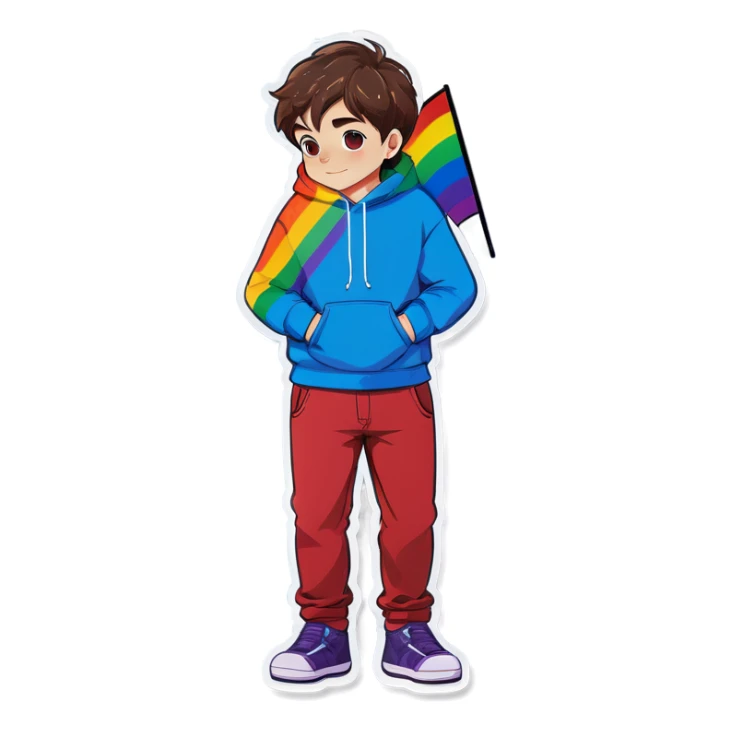 meme boy in car hoodie with pride flag sticker