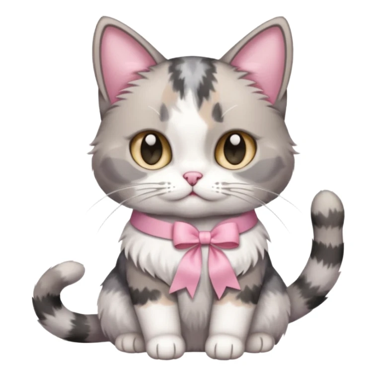 Sitting Dilute grey calico cat with pink ribbon sticker