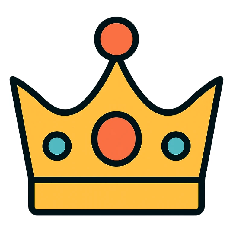 vector icon of a gold crown with multicolor details, elegant and minimalist flat design, award badge style, 2D flat vector, trending icon look, soft shadows, no text, commercial use, isolated on white background sticker