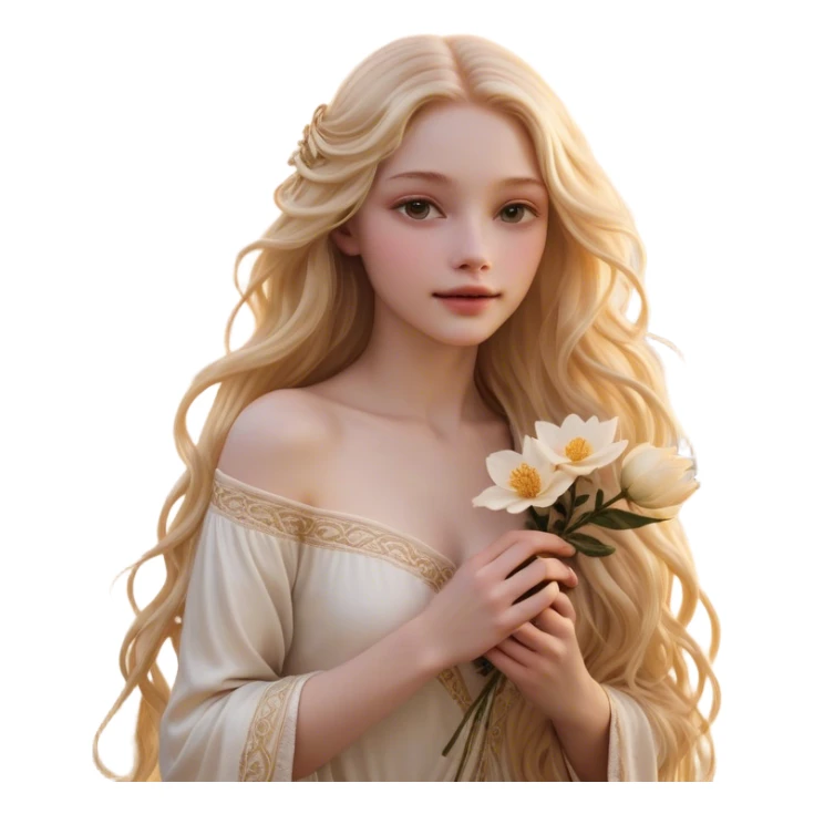 Cinematic Realistic Rapunzel Portrait, with porcelain-like skin featuring a subtle, natural glow, illuminated by soft lighting that brings out the gentle contours of her face. Her long, golden blonde hair cascades in detailed waves, each strand highlighted with a radiant shimmer as it catches the light. She playfully holds a flower in one hand, her other hand resting casually in her lap, with a warm and spirited expression. Her bright, expressive green eyes exude curiosity and warmth, framed by delicate lashes and soft, arched brows. She is dressed in her classic lavender and pink gown, the fabric textured with delicate folds that flow naturally, catching the light with a soft, radiant glow. The portrait captures a luminous, enchanting aura, seamlessly blending realism with a whimsical, fairytale charm, evoking a timeless sense of beauty and magic. sticker