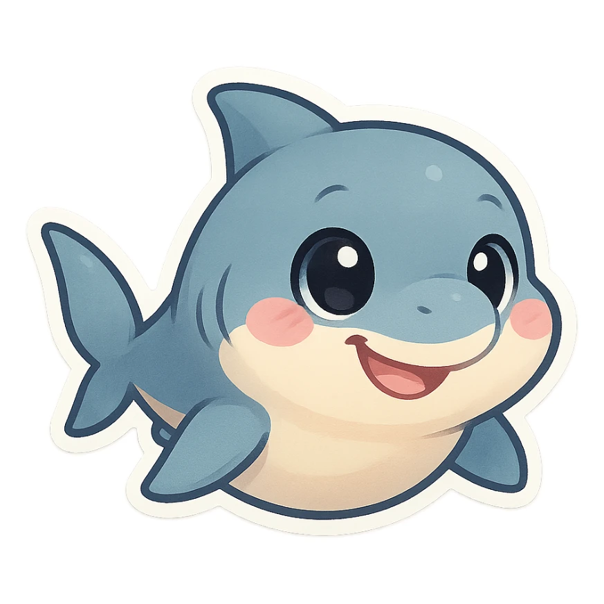baby shark with big eyes and a smile, cartoon style sticker