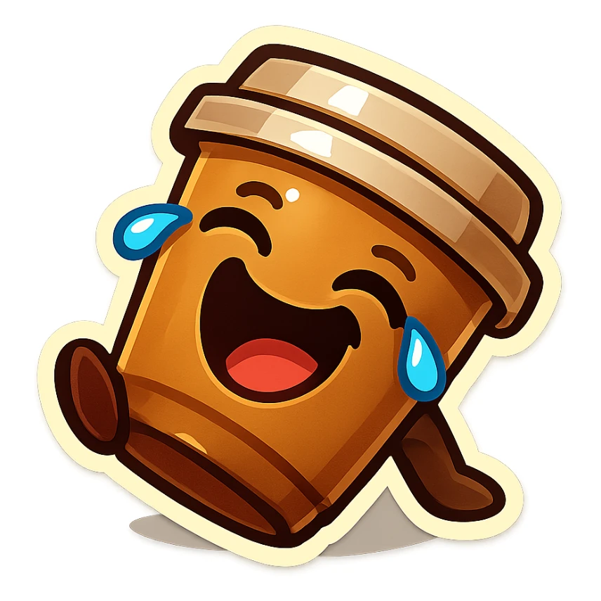 Tall coffee cup, laughing hard, tears in eyes, fallen over, dramatic laugh sticker