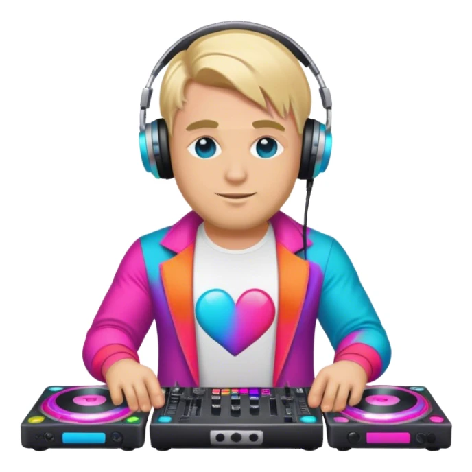 blond big man in colorful dj outfit showing love sticker