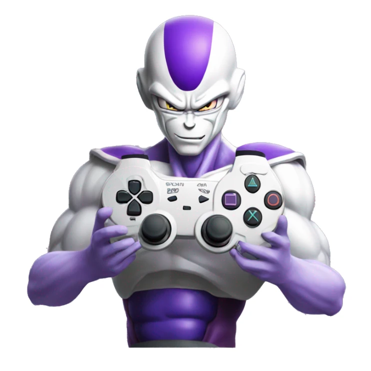 Purple Frieza holding a ps5 controller, iOS style emoji  sticker