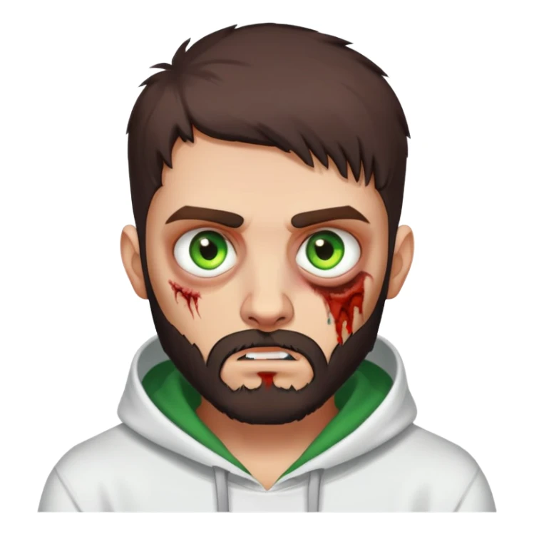 zombie making peace sign, undercut hairstyle with dark brown hair, short full beard, heterochromia with one green eye and one brown eye, wearing plain white hoodie sticker