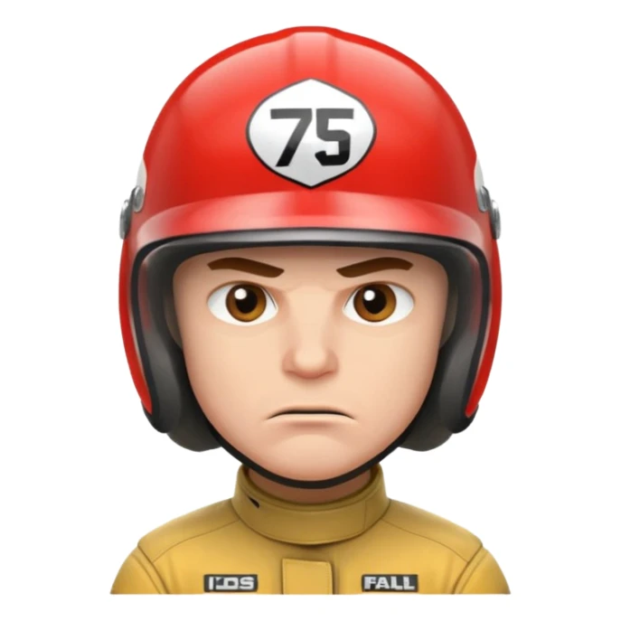 white male racer in helmet, crazy look, taking risks, very serious face, angry sticker