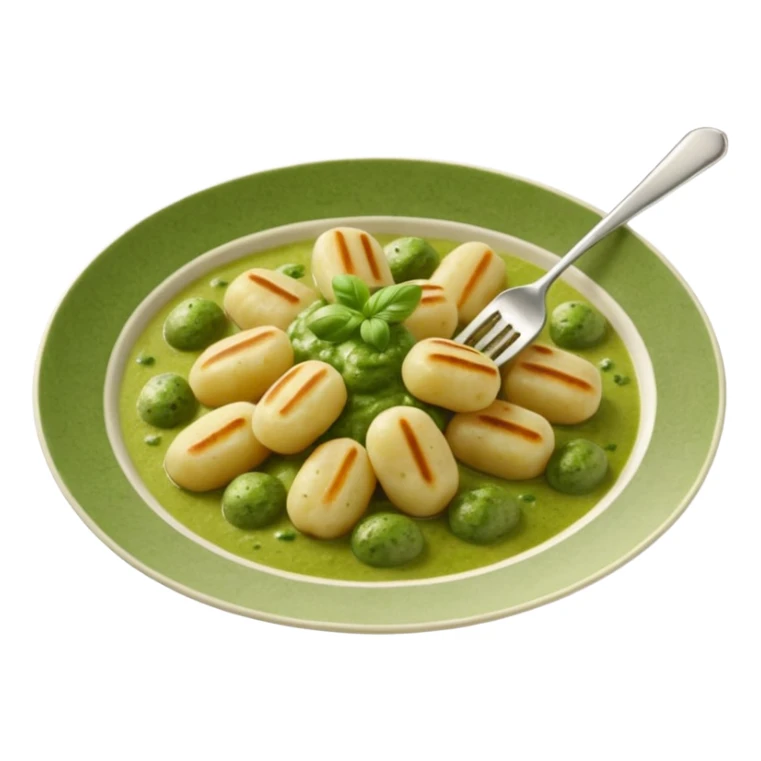 Gnocchi Cinematic Realistic Gnocchi Dish Emoji, depicted as tender oblong potato gnocchi garnished with iconic fork marks on top, rendered with soft textures and warm, inviting lighting. add green pesto sauce sticker