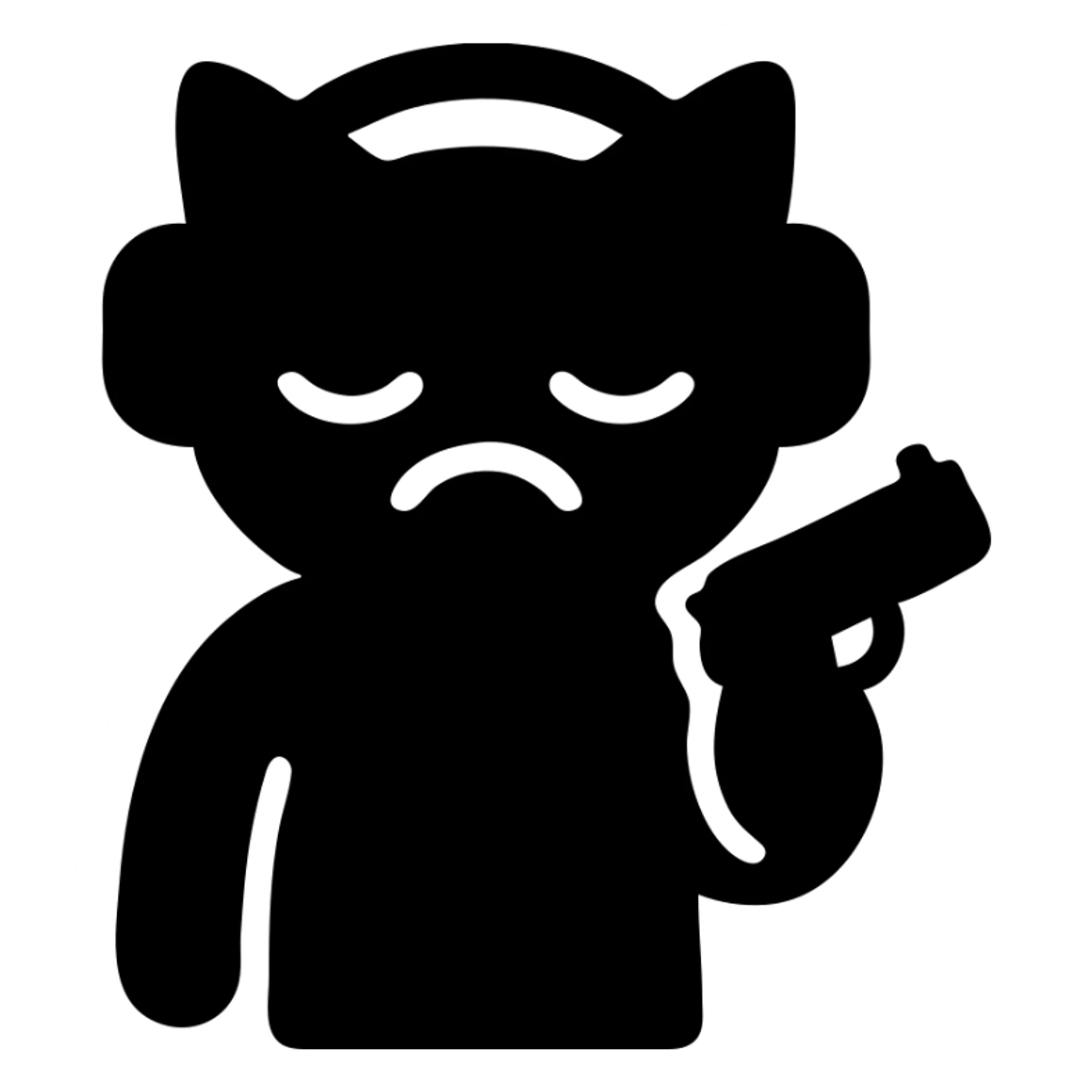 tired sad cat with a gun in hand and headphones, solid filled icon sticker