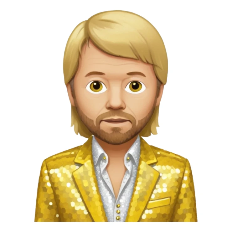 Björn Ulvaeus from ABBA with long dark blonde hair, yellow sequin shirt, white sequin suit jacket sticker