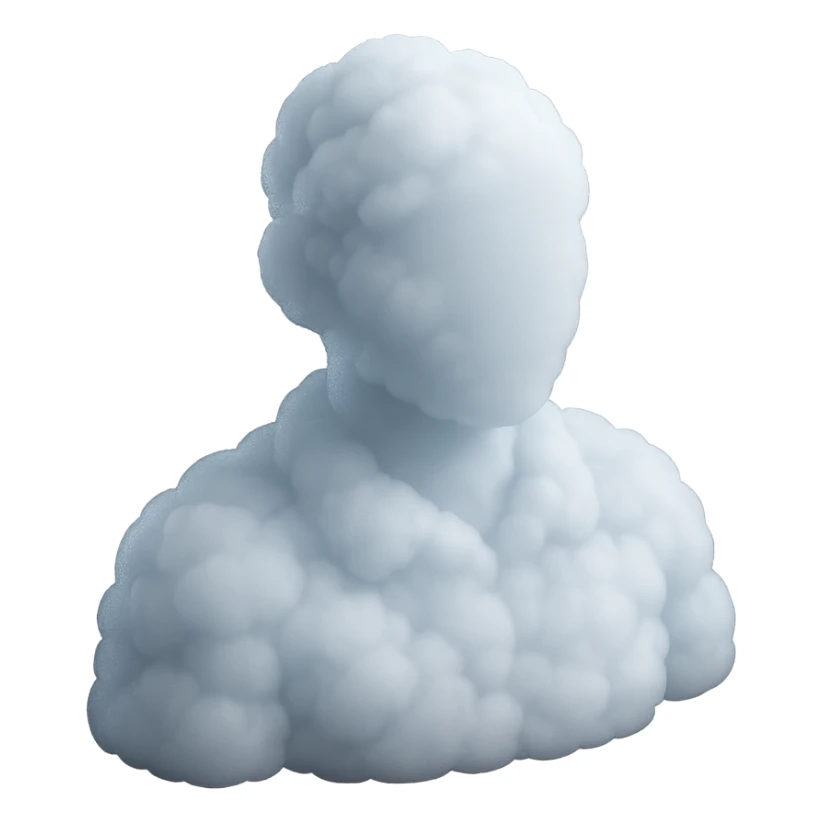 faceless person, facing straight, composed entirely of white fluffy convex clouds, shoulders up, no shadows, matte glass style sticker