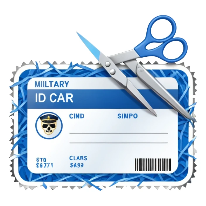Scissors cutting military ID card sticker