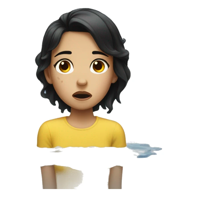 A girl with black hair is lying and crying in a puddle sticker