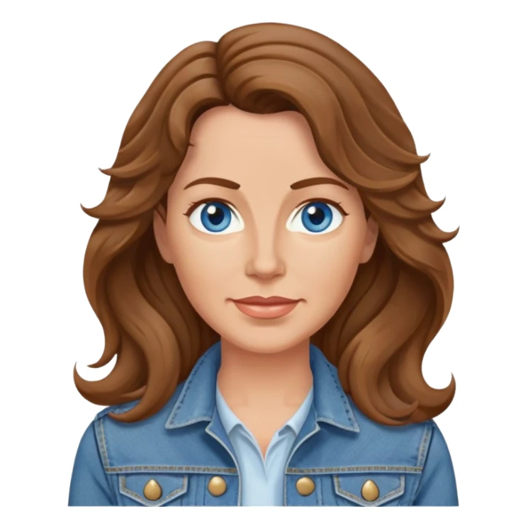 a 45 year old mom with brown straitish wavy hair and a jean jacket with blue eyes  sticker