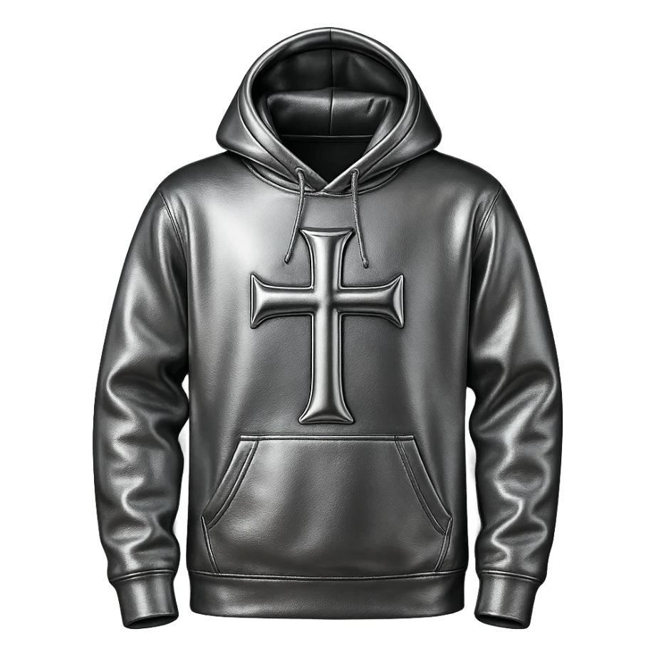 Replace the flowers on the black hoodie with a large chrome cross on the front. The cross should be 3D metallic style, highly reflective, and shiny. Keep the hoodie black and the background removed (transparent). sticker