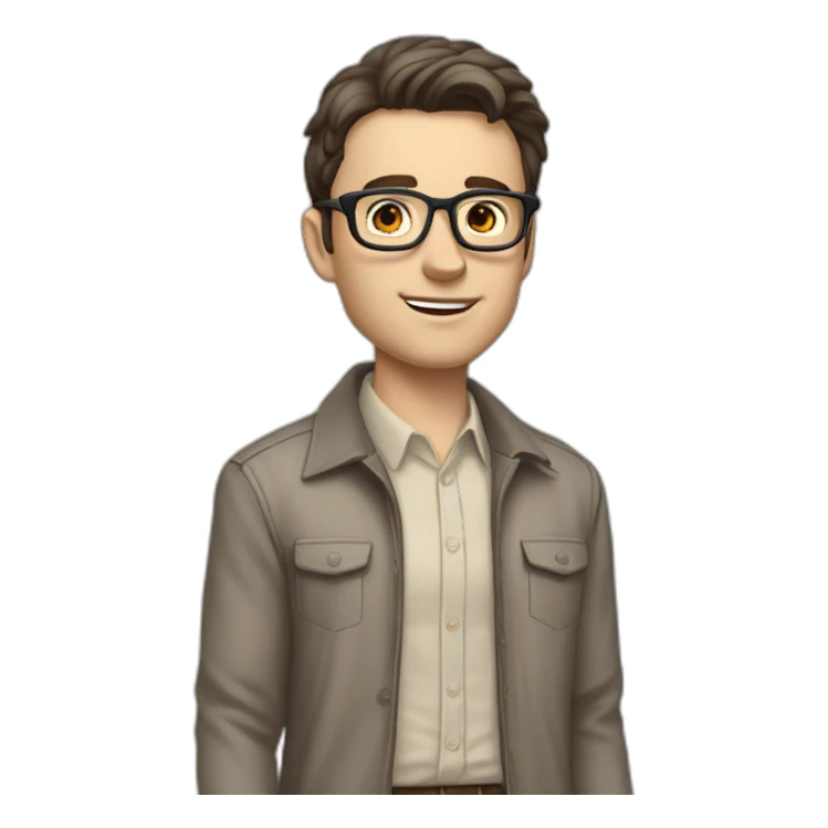 Full height Pale skinned Fit Man With dark brown hair in gray classic jacket, beige office shirt, Brown pants and vintage glasses. Thrumbs of his palms upwards sticker