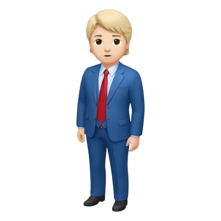 CHANGE TO SHOW THE FULL BODY, FROM AN ISOMETRIC OVERHEAD ANGLE, WITH MUCH PUFFIER HAIR (IN HIS DISTRICTIVE STYLE), WITH A LARGE, BLOATED STOMACH, WEARING A BLUE SUIT AND RED TIE, TURNED SLIGHTLY TO THE SIDE, IN THE STYLE OF ISOMETRIC FIGURES. sticker