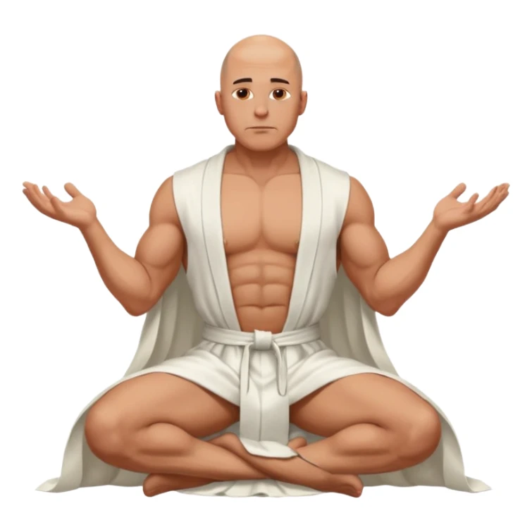 fullbody jacked bald guy, sleeveless and unbuttoned in full white robe sitting without chair and hands down sticker