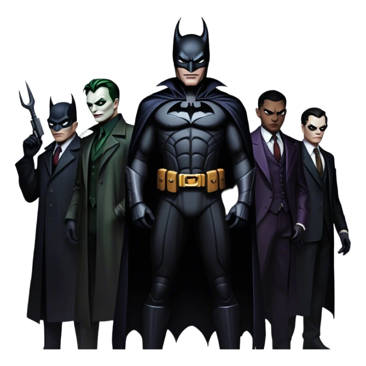 Icon for Thriller Movies: A large, dramatic collage featuring sinister villains in dark clothing. The background shows the gloomy cityscape of Gotham, with dim lighting and eerie shadows. The atmosphere should be tense, mysterious, and suspenseful. Transparent background. sticker