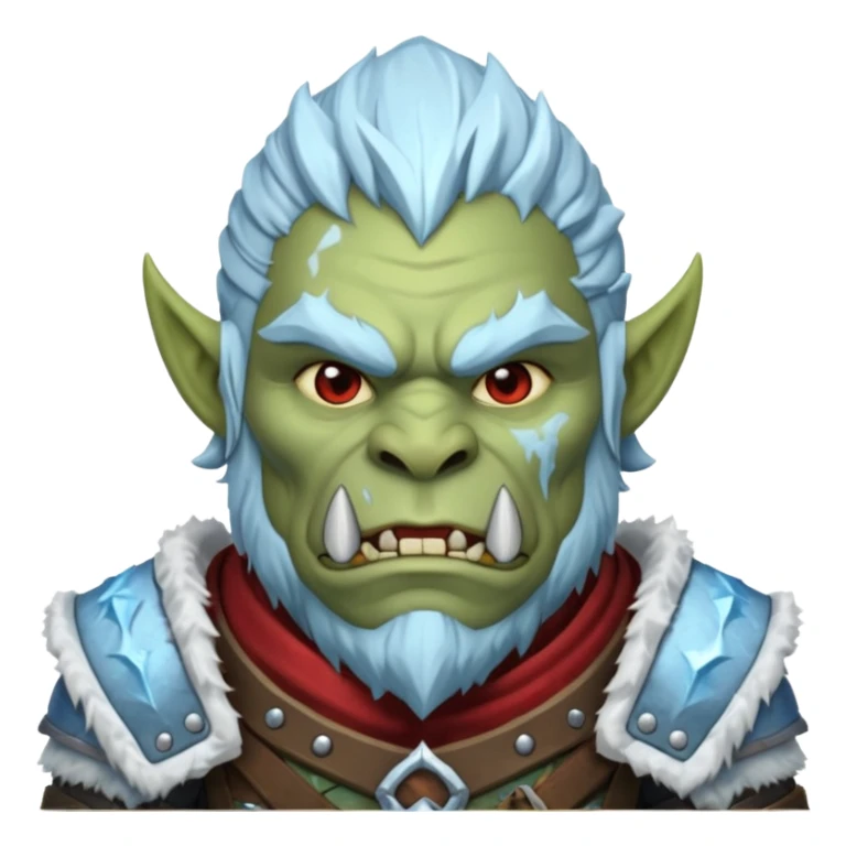 Fantasy Christmas orc portrait icon, frost clan warrior style, winter fur armor, icy details, strong brutal face, snowy battlefield mood, clean emoji style, male/female variant sticker