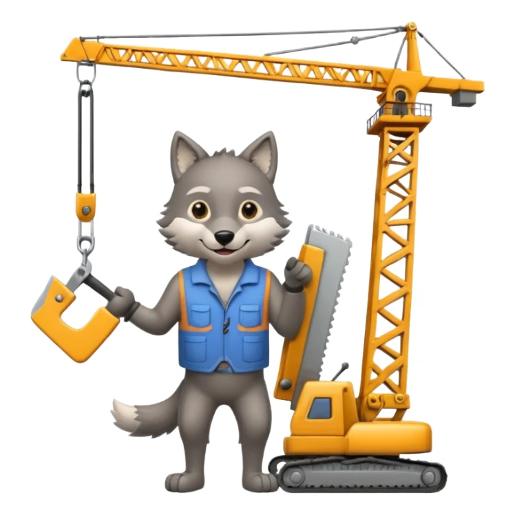  a joyful gray wolf sits on a tower crane and holds a saw in his hands sticker
