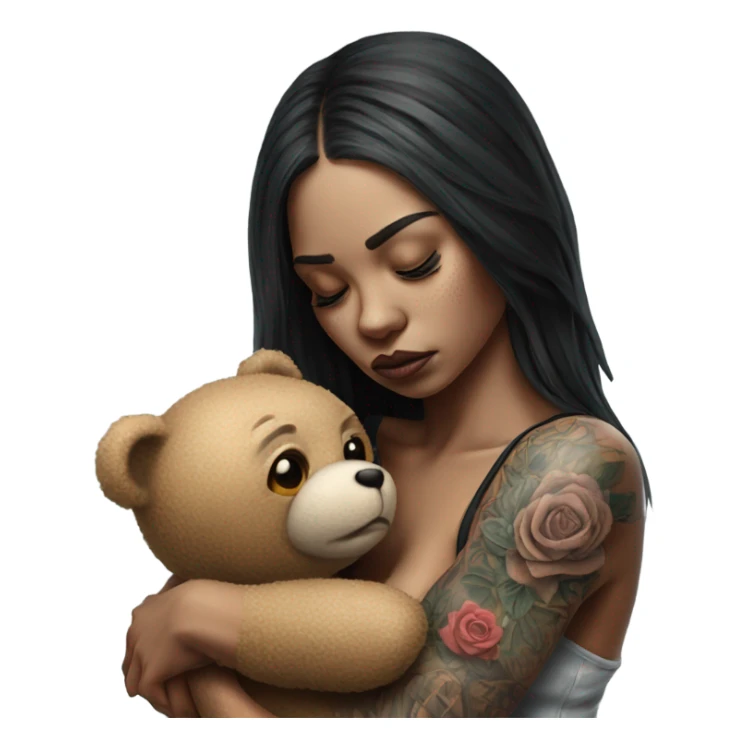 Hyper Realistic Beautiful tattooed woman crying sadly hugging a Teddy bear sticker