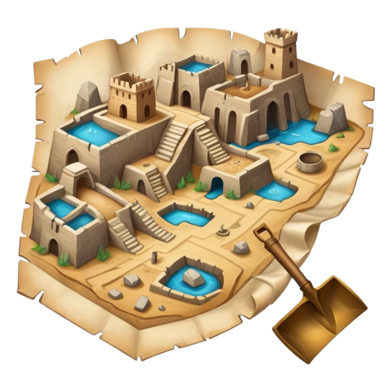 An icon showing an ancient city excavation site with uncovered ancient vessels, an old map, and a shovel. The design captures the thrill of uncovering historical treasures and ruins. Transparent background highlights the excitement of archaeological discovery. sticker