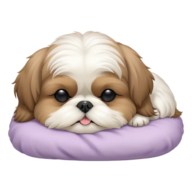 Meme-Worthy Cute Sleeping Shih Tzu Portrait Emoji, Head resting peacefully with a tender, contented smile and eyes delicately closed in serene slumber, showcasing a luxuriously fluffy fur in soft pastel tones, simplified yet irresistibly adorable, highly detailed, glowing with a warm, drowsy radiance, high shine, exuding calm, cozy charm, styled with a gentle, soft glowing outline, capturing the essence of a sleeping Shih Tzu that radiates utterly adorable, sleepy bliss! sticker