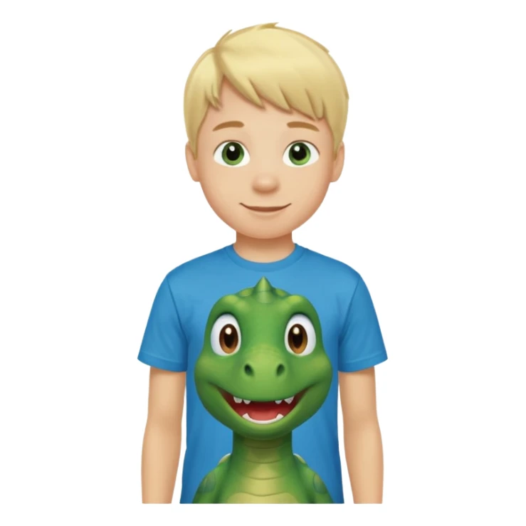 A smiling blond boy with blue eyes wearing a green dinosaur T-shirt sticker