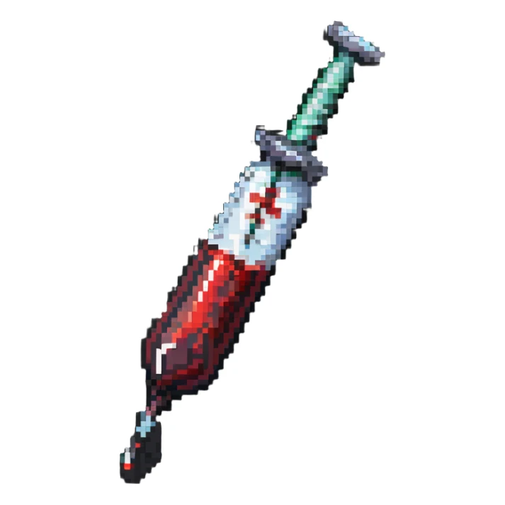angled syringe with a drop of blood at the tip in pixel art style sticker