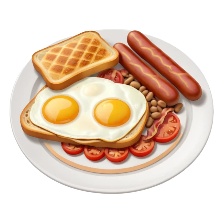 full English breakfast with eggs, bacon, sausage, beans, toast, and tomato on a white plate sticker