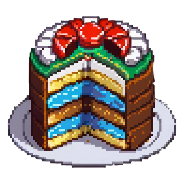 pixel art cake with a bite taken out showing the layers inside sticker