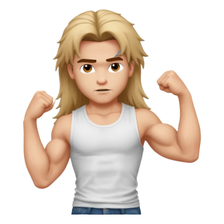 generate a pretty bratz boy with messy long mullet hair, sleeveless white tshirt, big biceps sticker