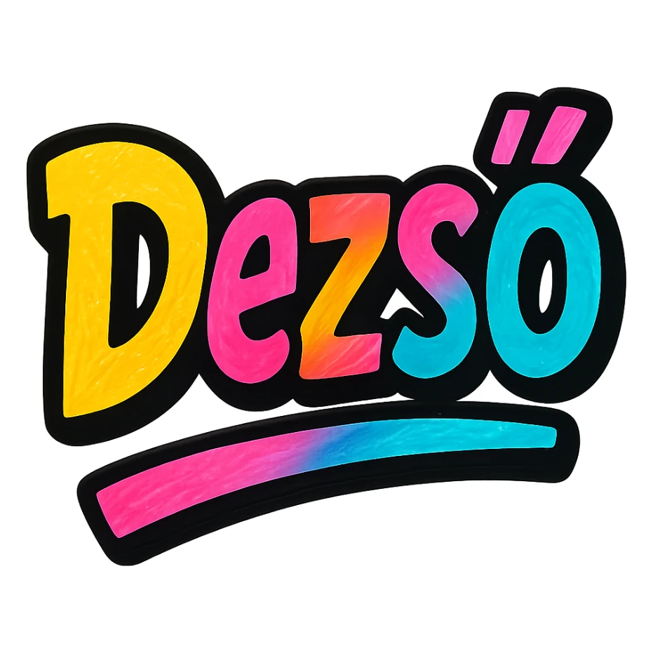 Dezső name in modern colorful gradient font with dark outline, dynamic slanted or partial underline, in the style of reference patterns sticker
