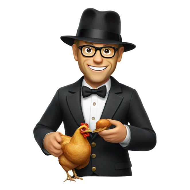Alton brown wearing black bowler hat eating a roasted chicken sticker