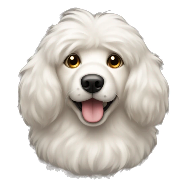 Fluffy light dog with big dark ears and nose sticker