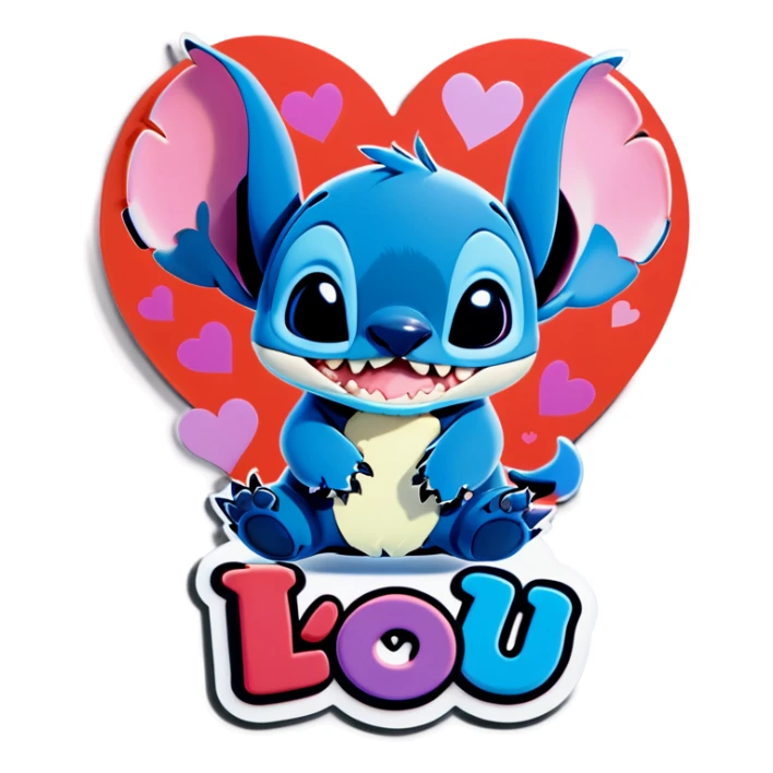 The character stitch with kittens all around him and hearts with the text that reads. I love you. sticker