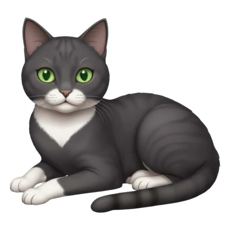 beautiful female solid dark grey cat with green eyes, white toes/paws and white patch on her chest lying down sticker
