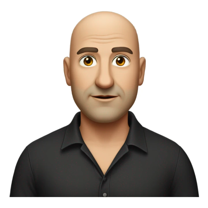 A slightly overweight middle-aged Italian man with olive-toned skin with bald hair and no facial hair. He is wearing a sleek black smart shirt, casually unbuttoned at the top. sticker