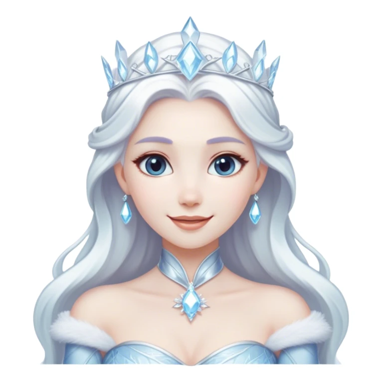 Cinematic Radiant Snow Queen Portrait Emoji, rendered in a realistic, vector style with clean proportions. Show Elsa with a gentle, confident smile, icy pale skin, and luxuriously styled platinum hair, her expression calm and regal. The image glows with a soft, enchanting icy luminescence, high shine, and is accented by a soft glowing outline that enhances her ethereal beauty. sticker