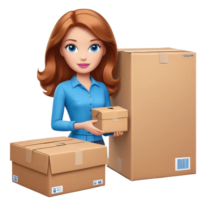 Barbie with shoulder-length reddish-brown hair, blue eyes with makeup, brown clothes , stands with a parcel box sticker