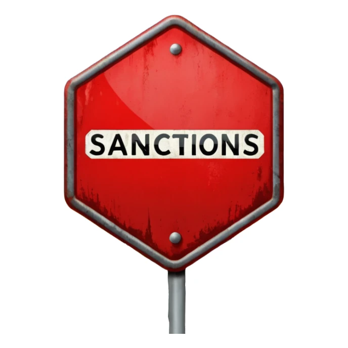 red, road sign, hexagonal, with the inscription SANCTIONS sticker