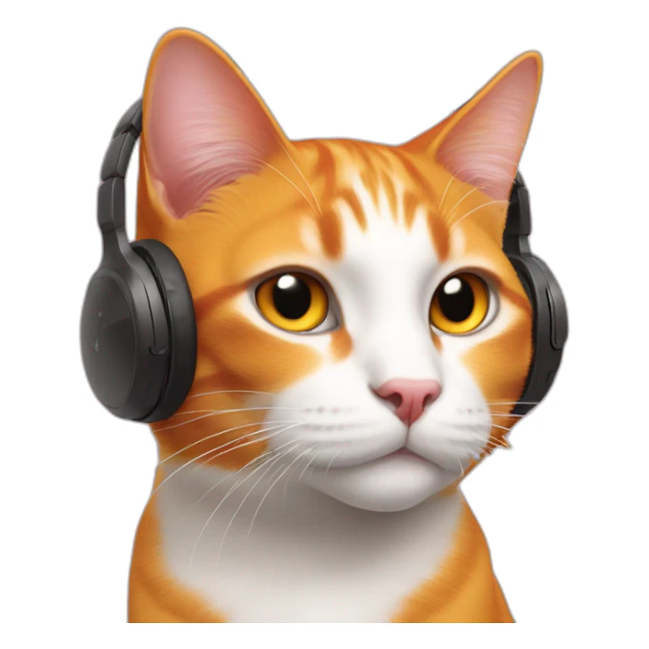orange cat, pink nose, white nose bridge, white mouth, white chest, wearing red headphones sticker
