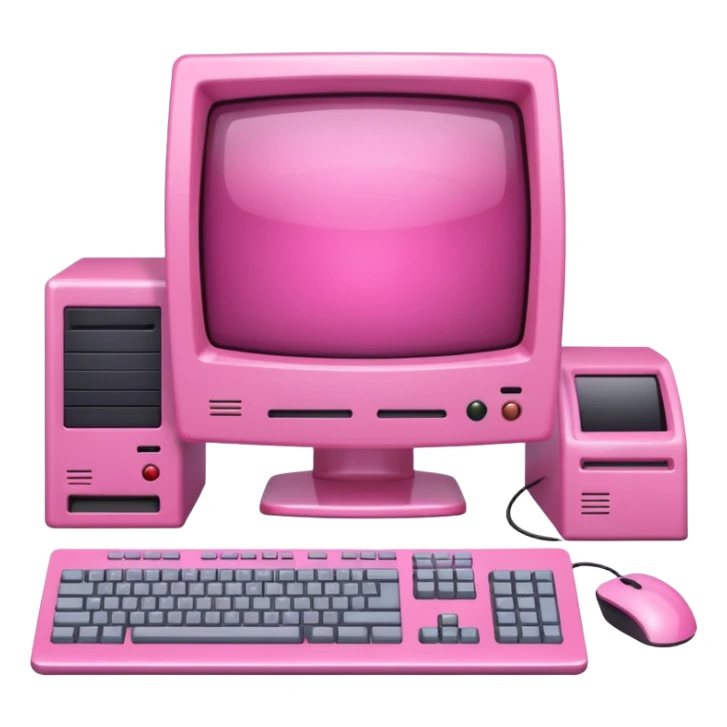 shiny pink translucent 90s computer with CRT monitor, keyboard, PC tower, mouse sticker