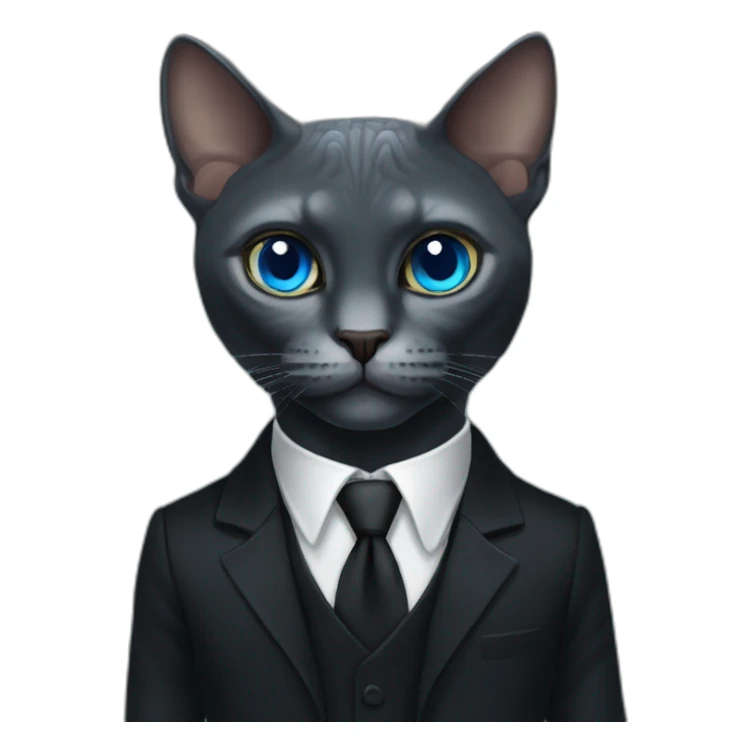 reptilian sphinx dark grey cat with blue eyes wearing black suit, portrait sticker