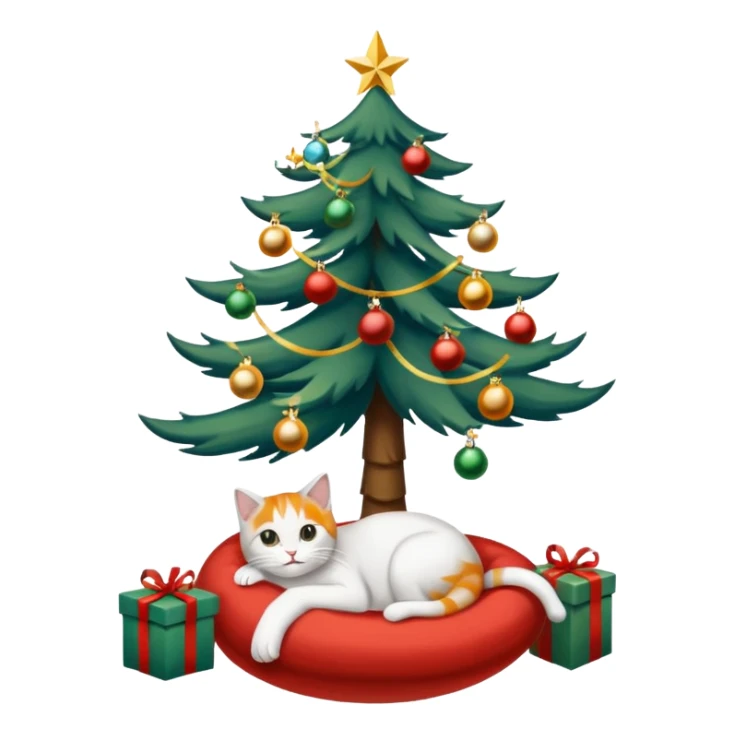 grau weiße Katze im geschmückten Weihnachtsbaum mit Lametta um sich rum und unten liegen ein paar Weihnachtskugeln sticker
