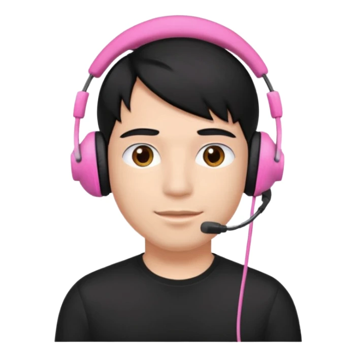 guy with black hair, black shirt and pink headset sticker