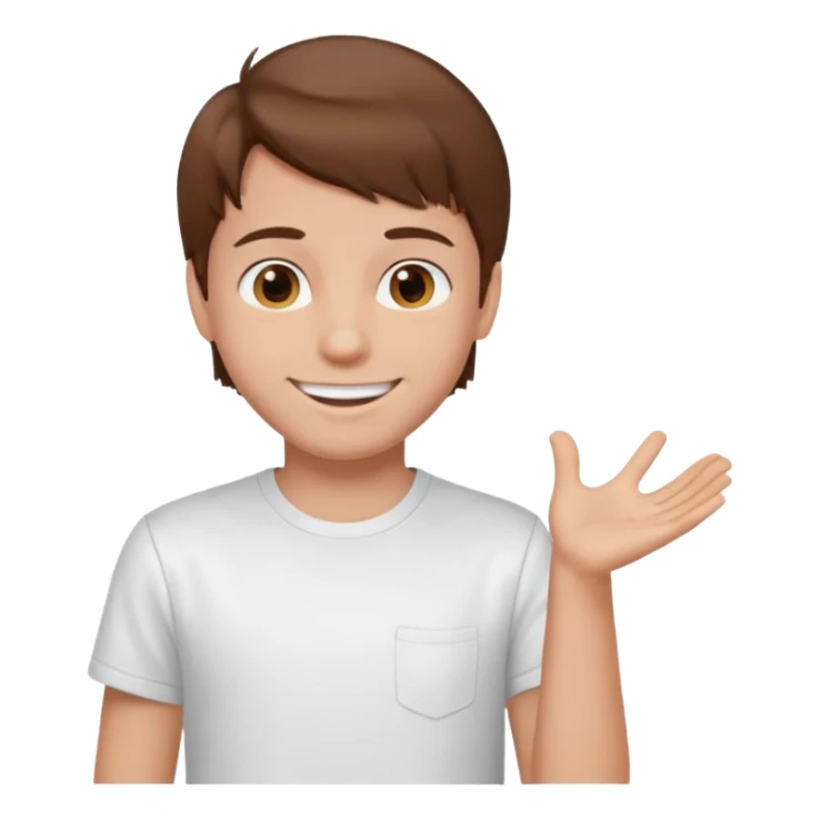 Boy with brown hair and white t-shirt sticker